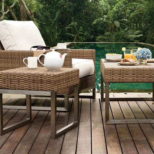 Palms collection coffee table, side table and club chair on wooden deck